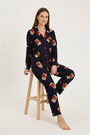 Luxury Soft Lacivert Ayıcık Desenli Uzun Kollu Kadın Pijama Takımı – 3057