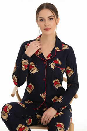 Luxury Soft Lacivert Ayıcık Desenli Uzun Kollu Kadın Pijama Takımı – 3057