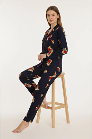 Luxury Soft Lacivert Ayıcık Desenli Uzun Kollu Kadın Pijama Takımı – 3057
