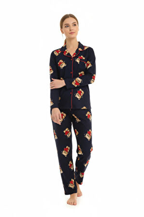 Luxury Soft Lacivert Ayıcık Desenli Uzun Kollu Kadın Pijama Takımı – 3057