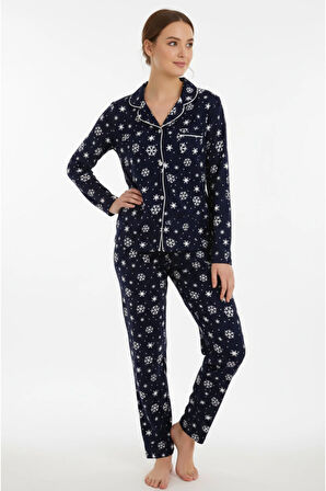 Luxury Soft Lacivert Kar Tanesi Desenli Uzun Kollu Kadın Pijama Takımı – 3059