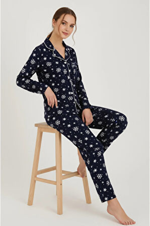 Luxury Soft Lacivert Kar Tanesi Desenli Uzun Kollu Kadın Pijama Takımı – 3059