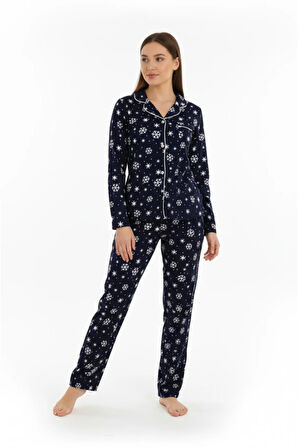 Luxury Soft Lacivert Kar Tanesi Desenli Uzun Kollu Kadın Pijama Takımı – 3059