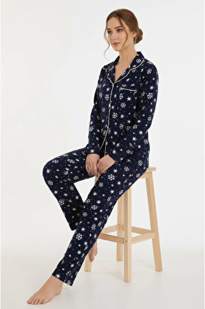 Luxury Soft Lacivert Kar Tanesi Desenli Uzun Kollu Kadın Pijama Takımı – 3059