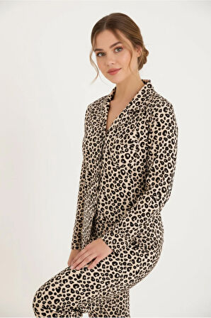 Luxury Soft Bej Leopar Desenli Uzun Kollu Kadın Pijama Takımı – 3062