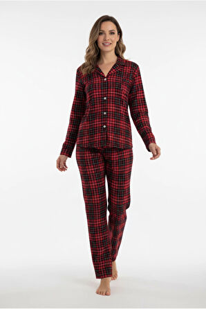 Luxury Soft Kırmızı Ekose Desenli Uzun Kollu Kadın Pijama Takımı – 3063
