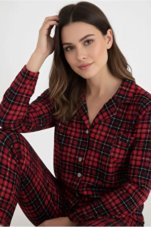 Luxury Soft Kırmızı Ekose Desenli Uzun Kollu Kadın Pijama Takımı – 3063