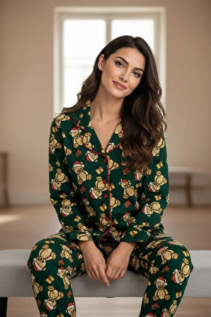 Luxury Soft Yeşil Yılbaşı Ayıcık Desenli Uzun Kollu Kadın Pijama Takımı – 3065