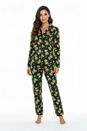 Luxury Soft Yeşil Yılbaşı Ayıcık Desenli Uzun Kollu Kadın Pijama Takımı – 3065