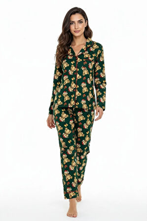 Luxury Soft Yeşil Yılbaşı Ayıcık Desenli Uzun Kollu Kadın Pijama Takımı – 3065