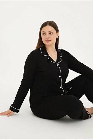 Luxury Viscose Siyah Beyaz Biyeli Kadın Uzun Kollu Büyük Beden Pijama Takımı – 42501
