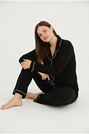 Luxury Viscose Siyah Beyaz Biyeli Kadın Uzun Kollu Büyük Beden Pijama Takımı – 42501