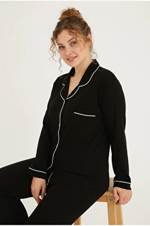 Luxury Viscose Siyah Beyaz Biyeli Kadın Uzun Kollu Büyük Beden Pijama Takımı – 42501