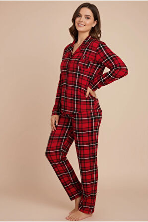 Luxury Viscose Kırmızı Ekose Desenli Kadın Uzun Kollu Büyük Beden Pijama Takımı – 42513