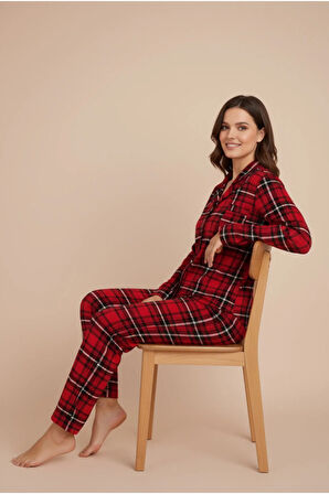 Luxury Viscose Kırmızı Ekose Desenli Kadın Uzun Kollu Büyük Beden Pijama Takımı – 42513