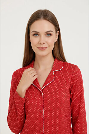 Luxury Viscose Kırmızı Puantiye Desenli Kadın Uzun Kollu Büyük Beden Pijama Takımı – 42517