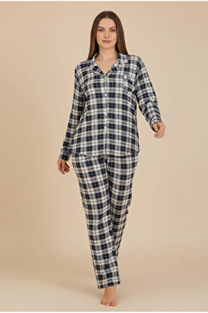 Luxury Viscose Lacivert Ekose Desenli Kadın Uzun Kollu Büyük Beden Pijama Takımı – 42527