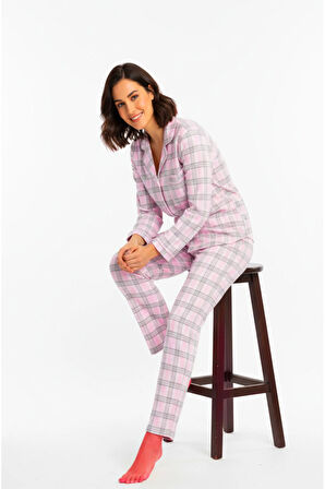 Luxury Viscose Pembe Ekose Desenli Kadın Uzun Kollu Büyük Beden Pijama Takımı – 42531