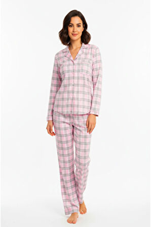 Luxury Viscose Pembe Ekose Desenli Kadın Uzun Kollu Büyük Beden Pijama Takımı – 42531