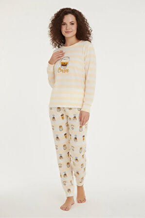 Luxury Thermal Coffee Desenli Kadın Polar Kışlık Pijama Takımı – 42009