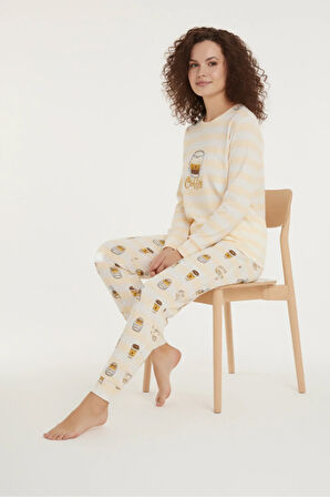 Luxury Thermal Coffee Desenli Kadın Polar Kışlık Pijama Takımı – 42009