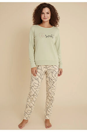 Luxury Thermal Be Sweet Yazılı Çizgili Desenli Kadın Polar Pijama Takımı – 42040