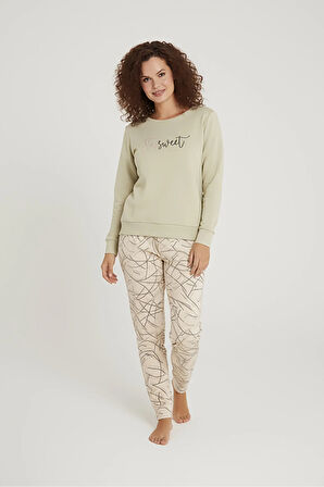 Luxury Thermal Be Sweet Yazılı Çizgili Desenli Kadın Polar Pijama Takımı – 42040