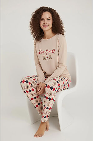 Luxury Thermal Bonjour Köpek Desenli Kadın Polar Kışlık Pijama Takımı – 42042