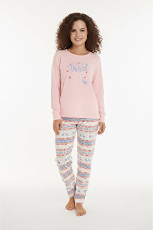 Luxury Thermal Sweet Winter Geyik Desenli Kadın Polar Kışlık Pijama Takımı – 42054