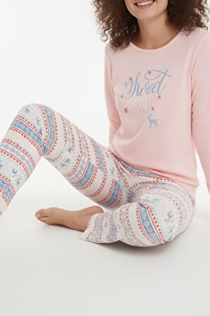 Luxury Thermal Sweet Winter Geyik Desenli Kadın Polar Kışlık Pijama Takımı – 42054