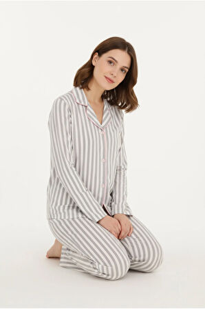 Luxury Viscose Gri Çizgili Kadın Uzun Kollu Pijama Takımı – 42547
