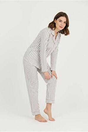Luxury Viscose Gri Çizgili Kadın Uzun Kollu Pijama Takımı – 42547