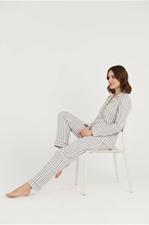 Luxury Viscose Gri Çizgili Kadın Uzun Kollu Pijama Takımı – 42547
