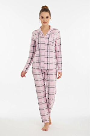 Luxury Viscose Pembe Ekose Desenli Kadın Uzun Kollu Pijama Takımı – 42550