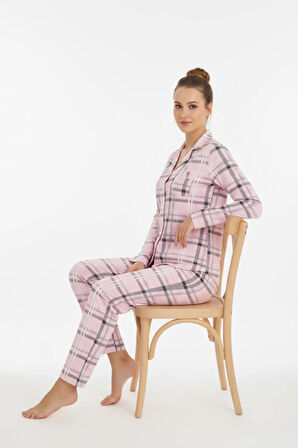 Luxury Viscose Pembe Ekose Desenli Kadın Uzun Kollu Pijama Takımı – 42550