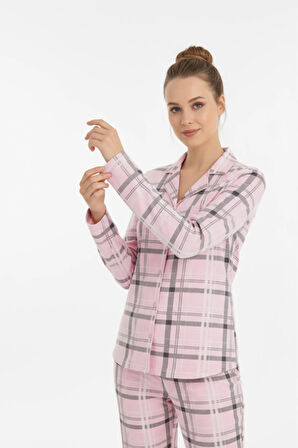 Luxury Viscose Pembe Ekose Desenli Kadın Uzun Kollu Pijama Takımı – 42550
