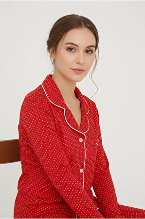 Luxury Viscose Kırmızı Puantiye Desenli Kadın Uzun Kollu Pijama Takımı – 42563