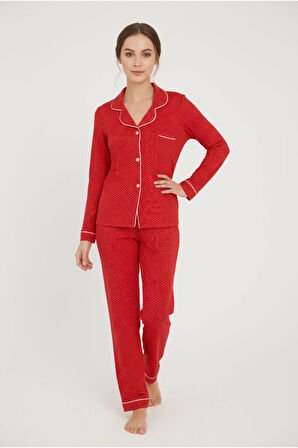 Luxury Viscose Kırmızı Puantiye Desenli Kadın Uzun Kollu Pijama Takımı – 42563