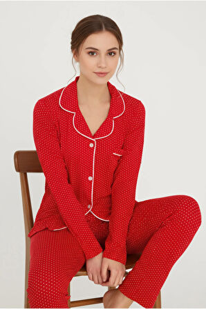 Luxury Viscose Kırmızı Puantiye Desenli Kadın Uzun Kollu Pijama Takımı – 42563