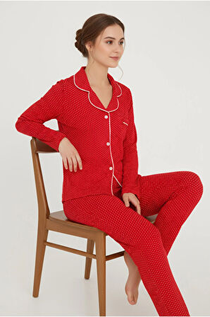 Luxury Viscose Kırmızı Puantiye Desenli Kadın Uzun Kollu Pijama Takımı – 42563