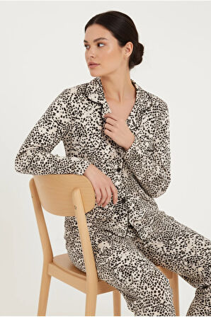 Luxury Viscose Siyah Beyaz Leopar Desenli Kadın Uzun Kollu Pijama Takımı – 42570
