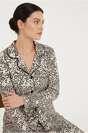 Luxury Viscose Siyah Beyaz Leopar Desenli Kadın Uzun Kollu Pijama Takımı – 42570