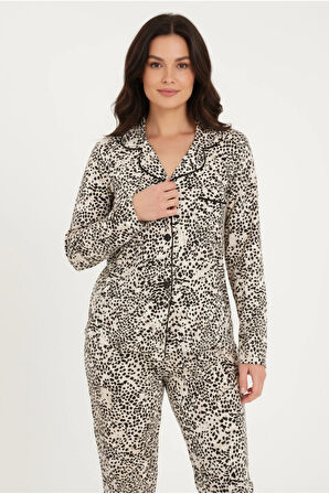 Luxury Viscose Siyah Beyaz Leopar Desenli Kadın Uzun Kollu Pijama Takımı – 42570