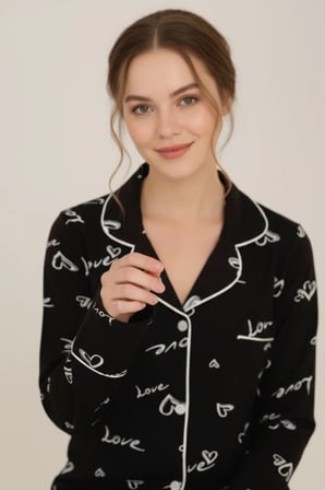 Luxury Viscose Siyah Love ve Kalp Desenli Kadın Uzun Kollu Pijama Takımı – 42572