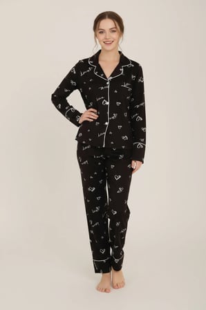 Luxury Viscose Siyah Love ve Kalp Desenli Kadın Uzun Kollu Pijama Takımı – 42572