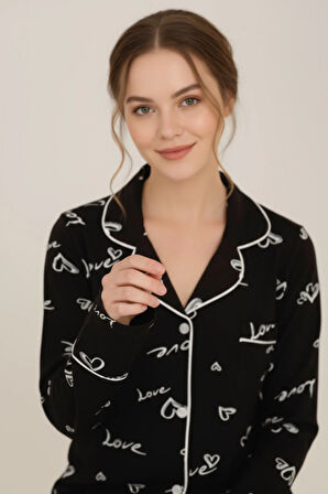 Luxury Viscose Siyah Love ve Kalp Desenli Kadın Uzun Kollu Pijama Takımı – 42572