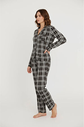 Luxury Viscose Siyah Beyaz Ekose Desenli Kadın Uzun Kollu Pijama Takımı – 42575