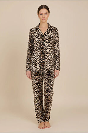 Luxury Viscose Leopar Desenli Kadın Uzun Kollu Pijama Takımı – 42577