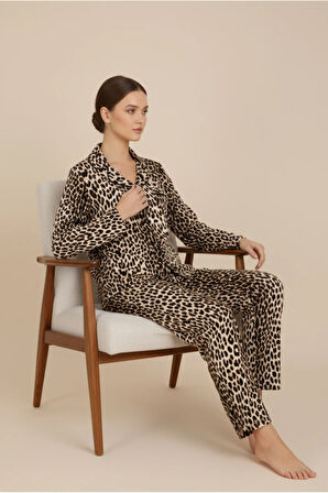Luxury Viscose Leopar Desenli Kadın Uzun Kollu Pijama Takımı – 42577