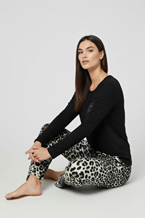 Üstü Yazılı Altı Leopar Desenli Elite Viscose Pijama Takımı Uzun Siyah 3551